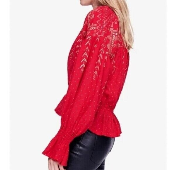 Free People Womens Counting Stars Peasant Blouse, Red, Medium - Picture 2 of 11